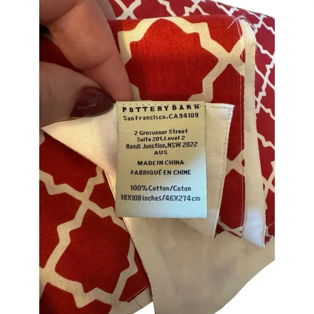 Pottery Barn Table Runner Muted Red/Rust Cream Trellis Design Cotton 108” X 18”